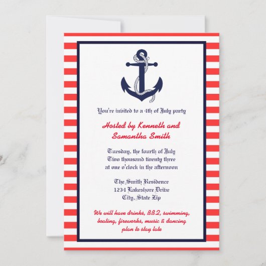 Red White & Blue Anchor - Party Einladung (Vorderseite)