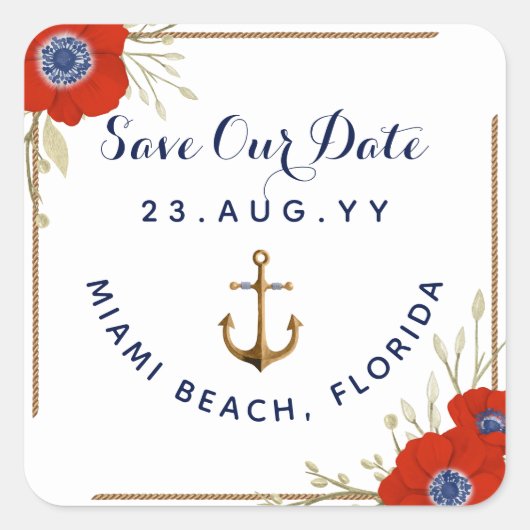 ⚓ Red White & Blue Anemone Anchor Wedding Quadratischer Aufkleber (Vorderseite)