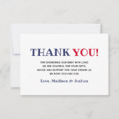 Red White Blue Baby Dusche 4. Juli Thema Gast Dankeskarte (Vorderseite)