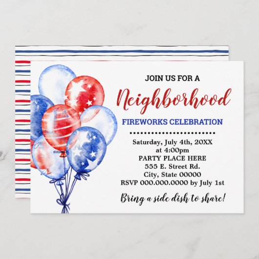 Red White & Blue Balloons Nachbarschafts-Party Einladung (Vorne/Hinten)