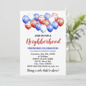 Red White & Blue Balloons Nachbarschafts-Party Einladung (Stehend Vorderseite)