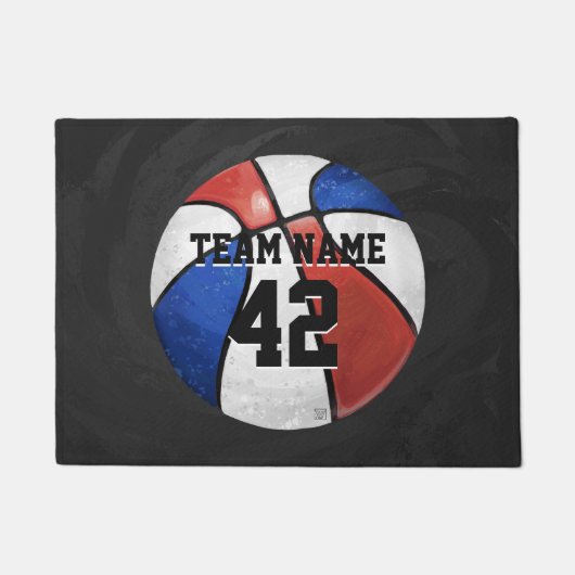 Red White Blue Basketball Name und Nummer Fußmatte (Vorderseite)