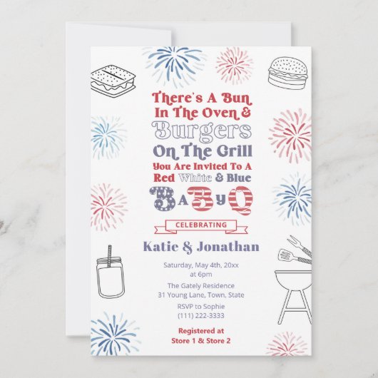 Red White Blue Bun im Oven BabyQ Baby Shower Einladung (Vorderseite)