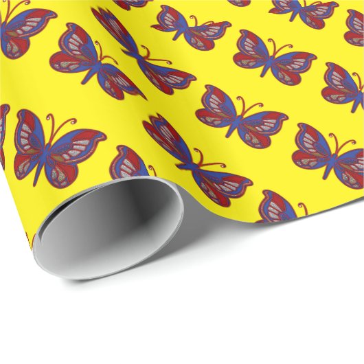 Red White Blue Butterfly Yello Geschenkpapier (Rolleneckpunkt)