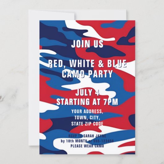 Red White Blue Camouflage 4. Juli Party Einladung (Vorderseite)