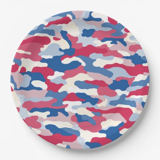 Red White & Blue Camouflage Pappteller (Vorderseite)