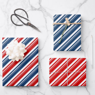 Red White & Blue Candy Cane Strip Holiday Geschenkpapier Set
