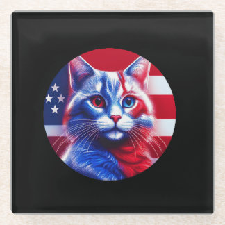 Red White & Blue Cat With American Flag Background Glasuntersetzer