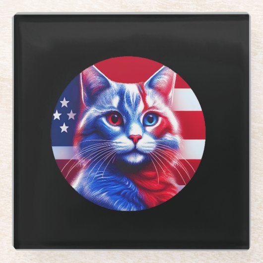Red White & Blue Cat With American Flag Background Glasuntersetzer (Vorderseite)