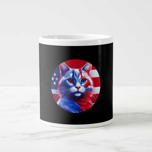 Red White & Blue Cat With American Flag Background Jumbo-Tasse (Vorderseite)