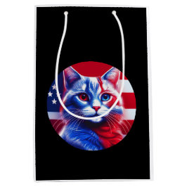 Red White & Blue Cat With American Flag Background Mittlere Geschenktüte