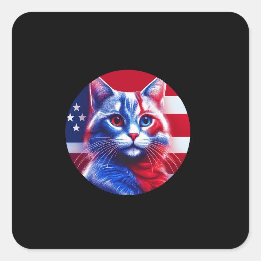 Red White & Blue Cat With American Flag Background Quadratischer Aufkleber (Vorderseite)