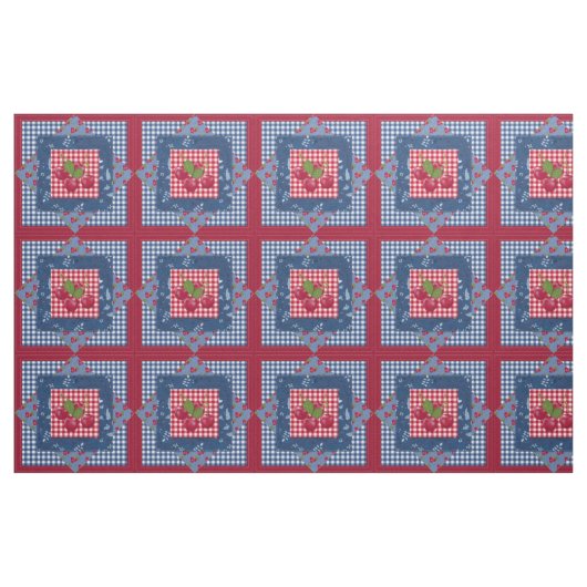 Red White Blue Cherries Gingham Patchwork Quilt Stoff (Yard (91,4 cm))