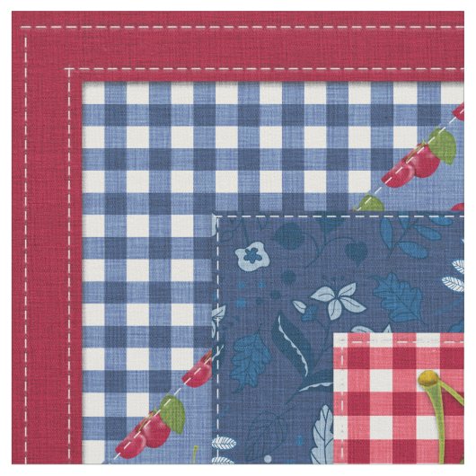 Red White Blue Cherries Gingham Patchwork Quilt Stoff (Nahaufnahme)
