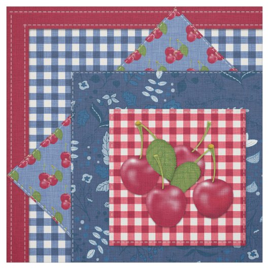 Red White Blue Cherries Gingham Patchwork Quilt Stoff (Muster)