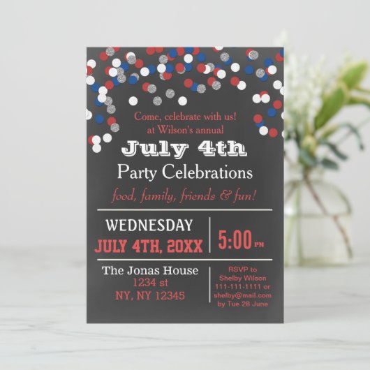 Red White Blue Confetti 4. Juli Party Einladung (Stehend Vorderseite)