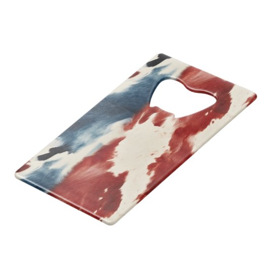 Red White Blue Cow Animal Print Geldbeutel Flaschenöffner (Vorderseite Schrägansicht)