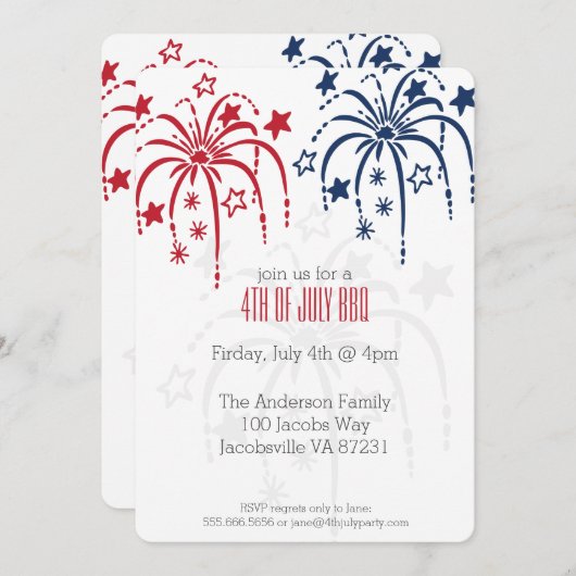 Red White & Blue Fireworks 4. Juli Einladungen (Vorne/Hinten)