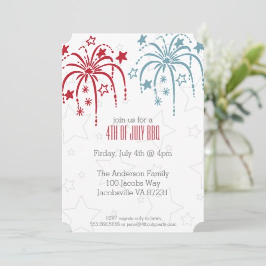 Red White & Blue Fireworks 4. Juli Einladungen (Stehend Vorderseite)