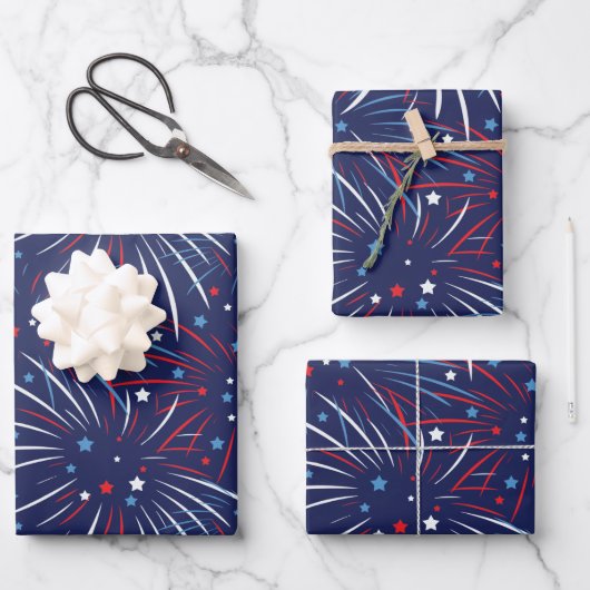 Red White Blue Fireworks Stars Wrapping Paper Geschenkpapier Set (Vorderseite)