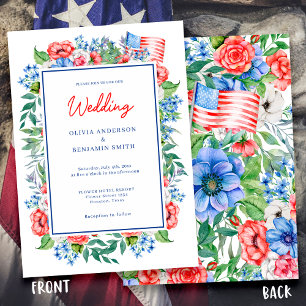 Red White Blue Floral 4. Juli Patriotic Wedding Einladung