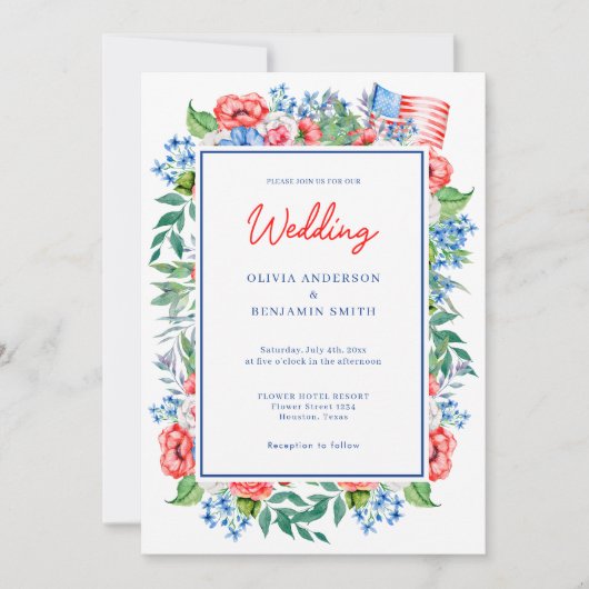 Red White Blue Floral 4. Juli Patriotic Wedding Einladung (Vorderseite)