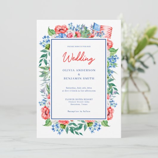 Red White Blue Floral 4. Juli Patriotic Wedding Einladung (Stehend Vorderseite)