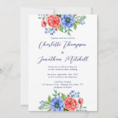 Red White Blue Floral 4. Juli Patriotic Wedding Einladung (Vorderseite)