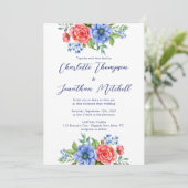 Red White Blue Floral 4. Juli Patriotic Wedding Einladung (Stehend Vorderseite)