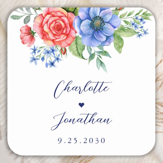 Red White Blue Floral 4. Juli Patriotic Wedding Quadratischer Aufkleber