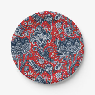 Red White & Blue Floral Paisley Bohemisch Boho Pappteller