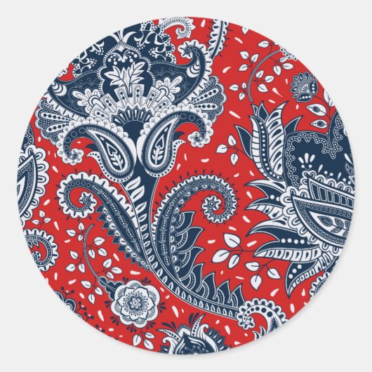 Red White & Blue Floral Paisley Bohemisch Boho Runder Aufkleber (Vorderseite)