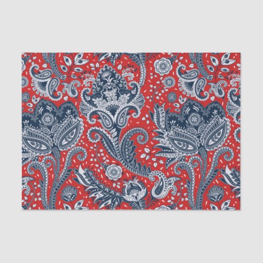 Red White & Blue Floral Paisley Bohemisch Boho Seidenpapier (Vorderseite)