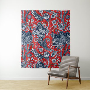 Red White & Blue Floral Paisley Bohemisch Boho Wandteppich