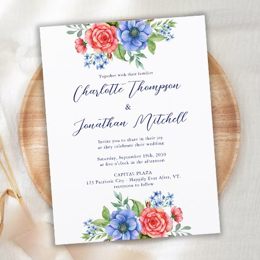 Red White Blue Floral Patriotic Hochzeit Einladung Postkarte
