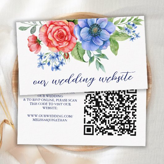 Red White Blue Floral Patriotic Wedding QR Code Begleitkarte