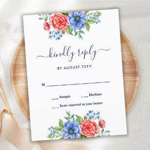 Red White Blue Floral Patriotic Wedding RSVP Einladungspostkarte