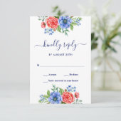 Red White Blue Floral Patriotic Wedding RSVP Karte (Stehend Vorderseite)