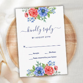 Red White Blue Floral Patriotic Wedding RSVP Karte