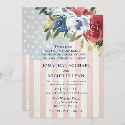 Red White Blue Floral USA Flag Christliche Hochzei Einladung (Vorne/Hinten)