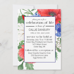 Red White & Blue Florals Beerdigung Foto Einladung