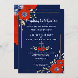 Red White & Blue Formal Anemone Nautical Wedding Einladung
