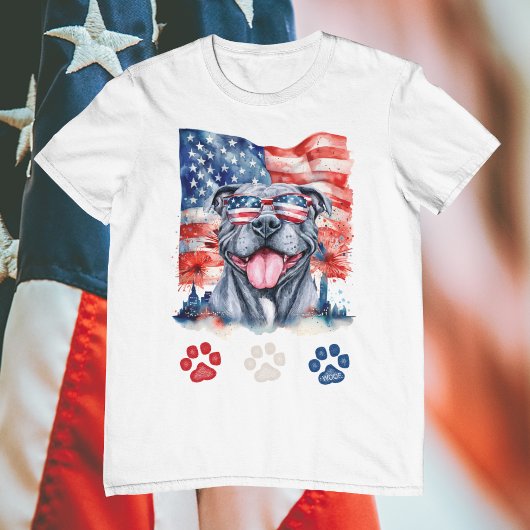 Red White Blue Funny Gray Pitbull Dog 4. Juli T-Shirt