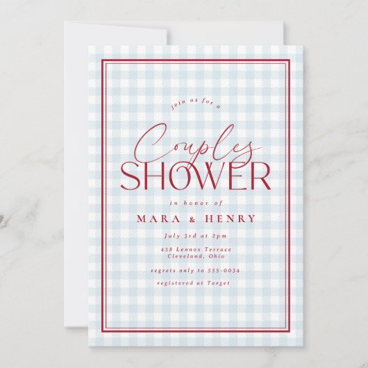 Red White Blue Gingham Couples Brautparty Einladung (Vorderseite)