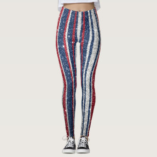 Red White Blue Glitzer Stripes Trendy Yoga Pant Leggings