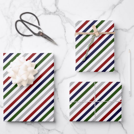 Red White Blue Green Gray Streifen Geschenkpapier Set (Vorderseite)