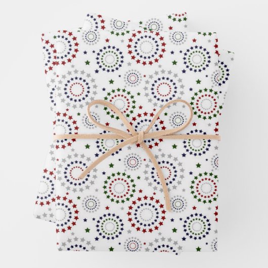 Red White Blue Green Grey Star Circles Geschenkpapier Set (Beispiel)