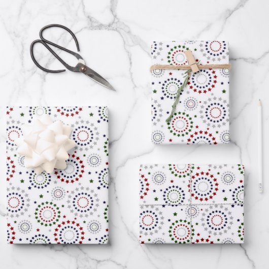 Red White Blue Green Grey Star Circles Geschenkpapier Set (Vorderseite)