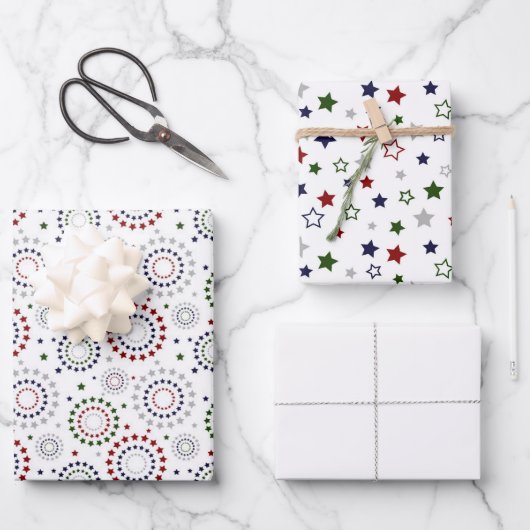 Red White Blue Green Grey Star Circles Wrapping Pa Geschenkpapier Set (Vorderseite)