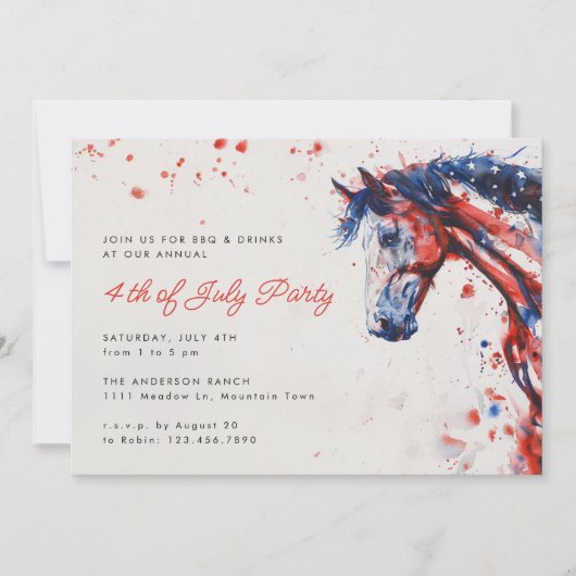 Red White Blue Horse Reittier 4. Juli Party Einladung (Vorderseite)